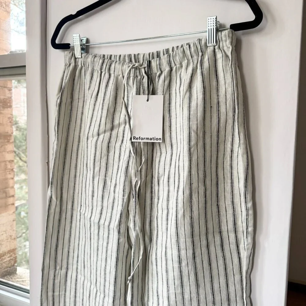 NWT Reformation Olina Linen Pants Elsie Stripe Cream Gray Medium